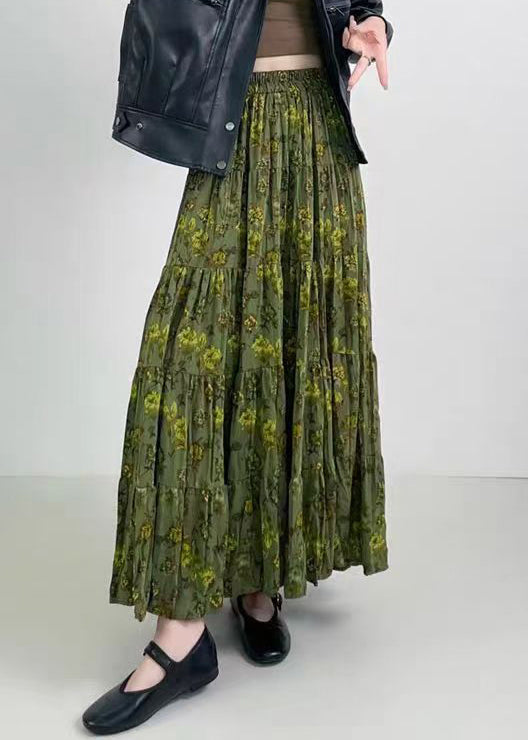 Green Print Wrinkled Elastic Waist Cotton Skirts Spring