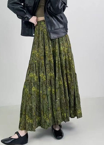 Green Print Wrinkled Elastic Waist Cotton Skirts Spring