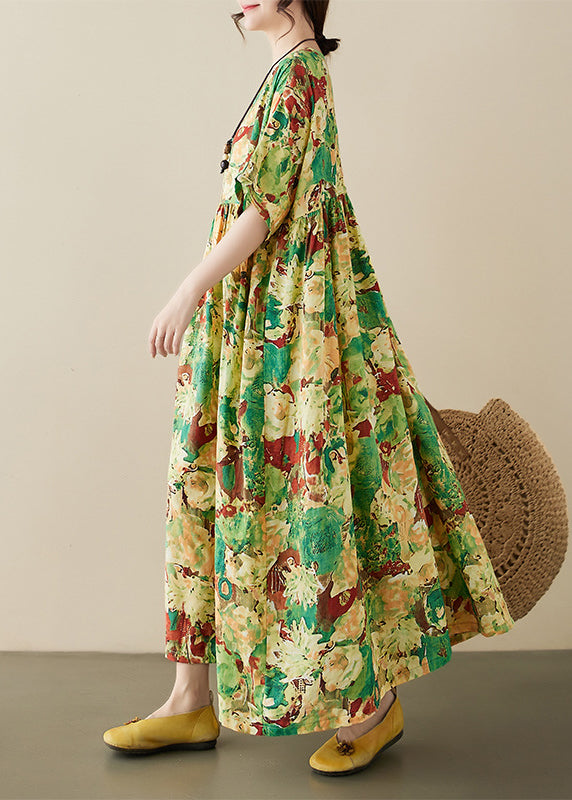 Green Print Wrinkled Maxi Dresses Short Sleeve