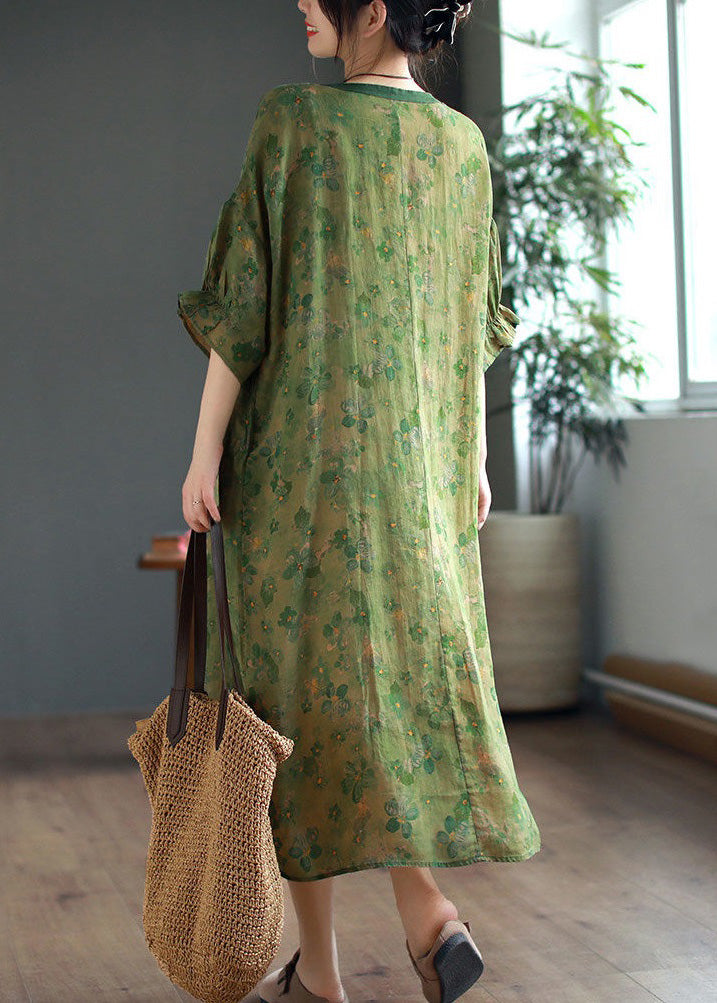 Green Ruffled Lace Up Print Linen Dress Half Sleeve