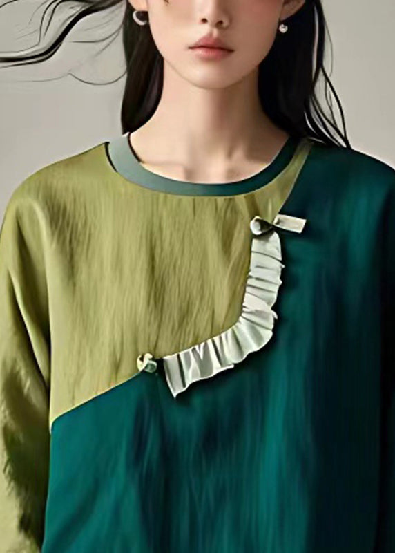 Green Ruffled Patchwork T Shirt Summer