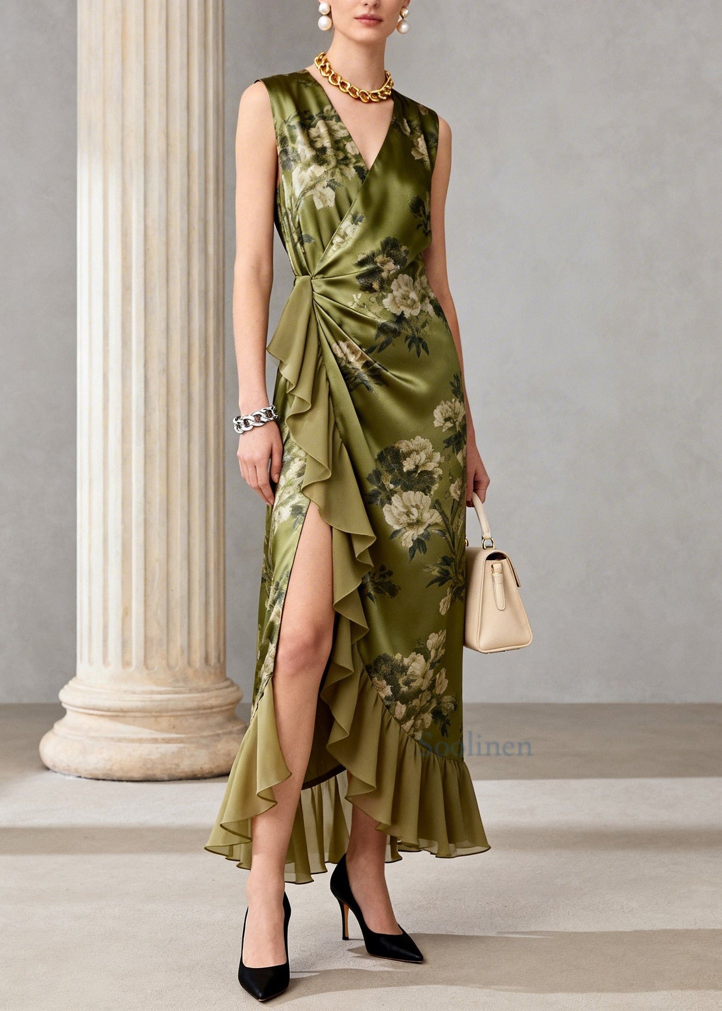 Green Ruffled Print Chiffon Long Dress Sleeveless