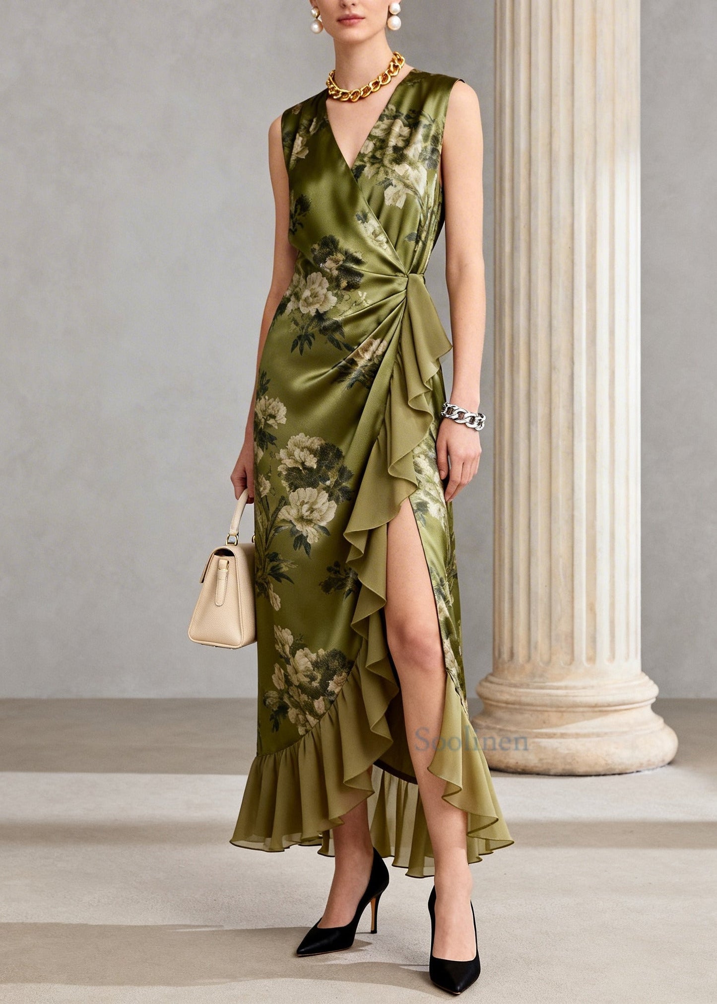 Green Ruffled Print Chiffon Long Dress Sleeveless