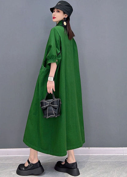 Green Peter Pan Collar Cinched Pockets Cotton Long Dresses Half Sleeve