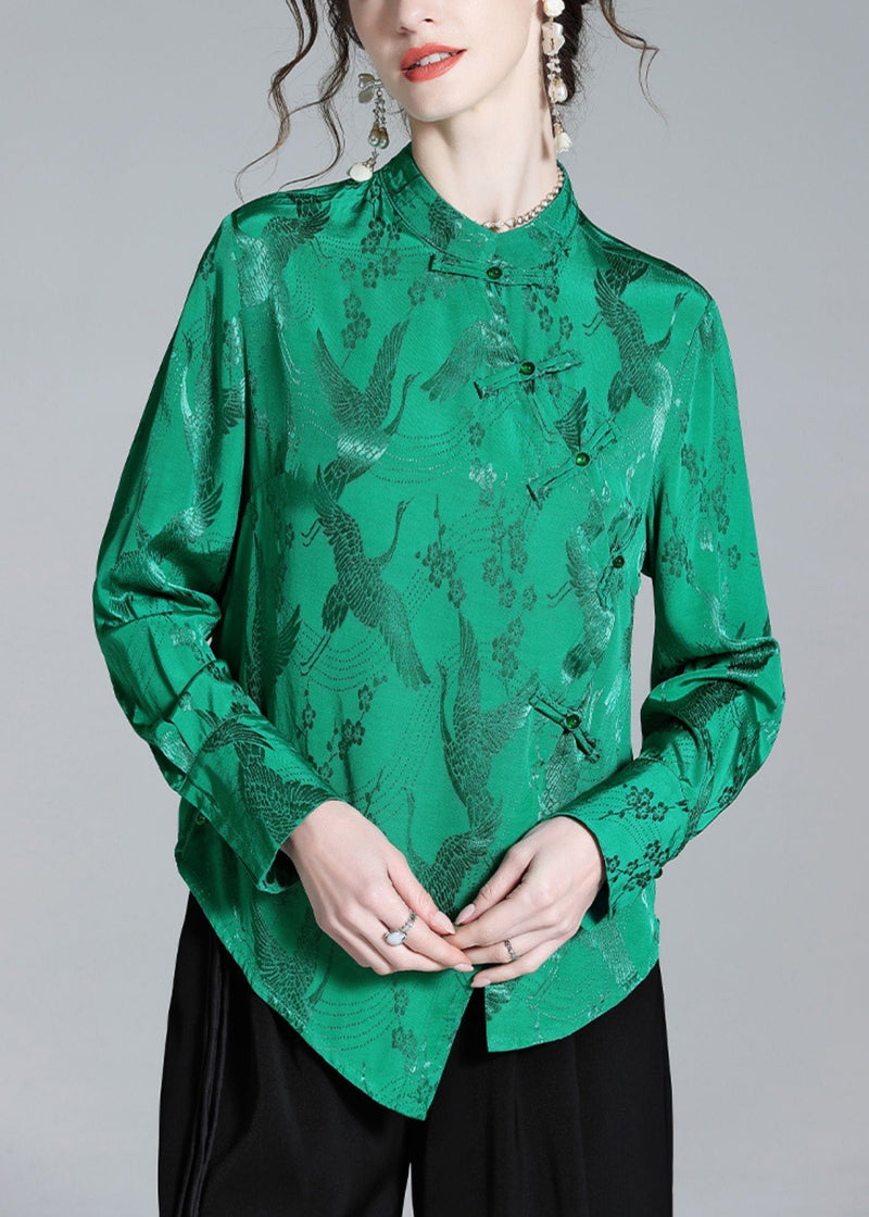 Green Stand Collar Button Jacquard Silk Shirt Spring