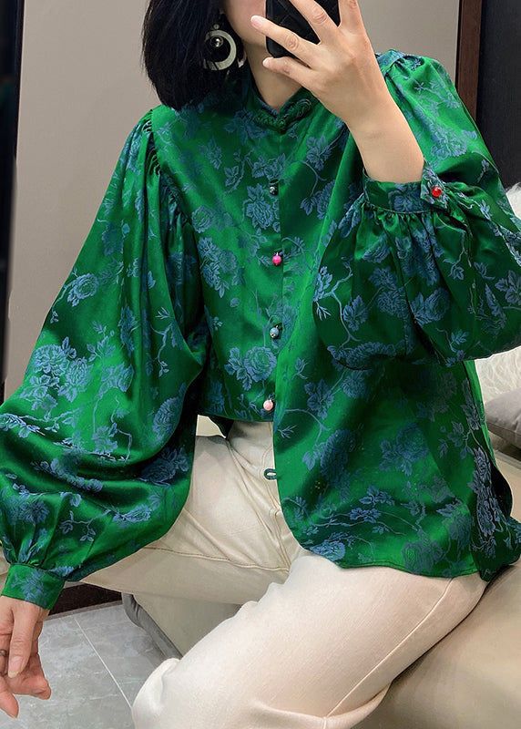 Green Stand Collar Button Jacquard Silk Shirt Lantern Sleeve