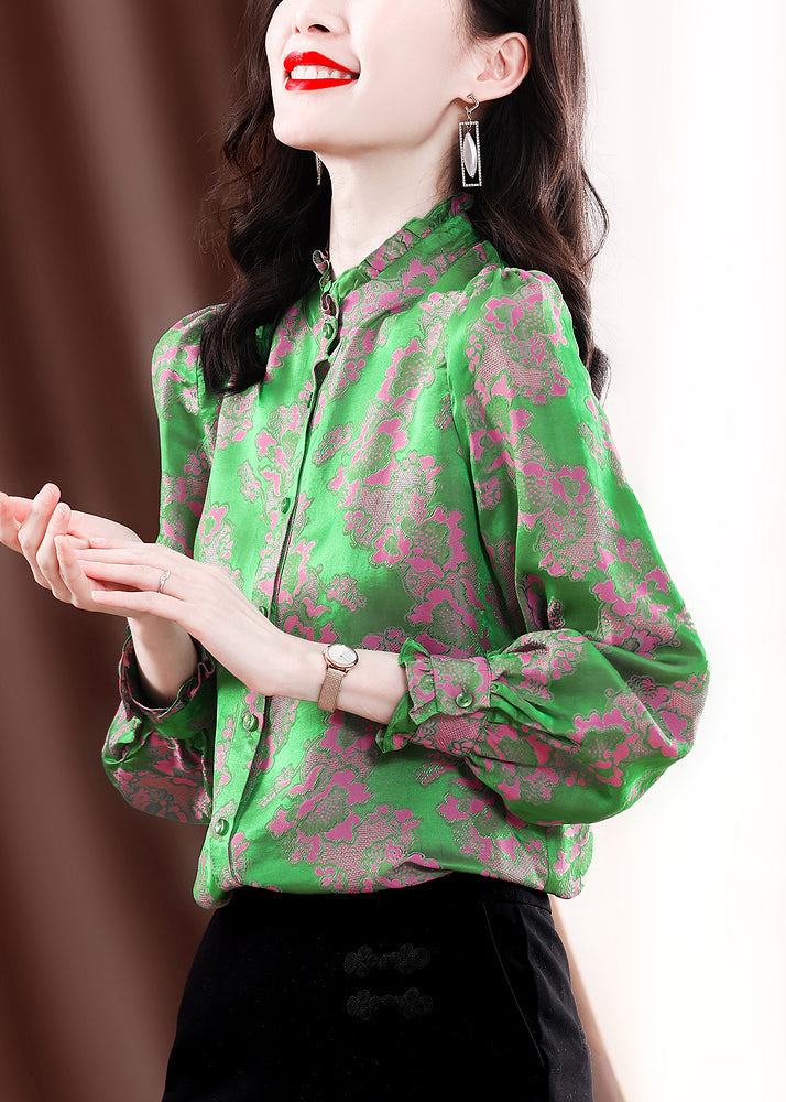 Green Stand Collar Button Ruffled Jacquard Silk Shirt Top Long Sleeve