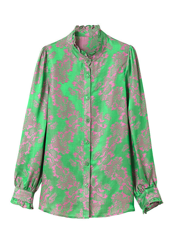 Green Stand Collar Button Ruffled Jacquard Silk Shirt Top Long Sleeve