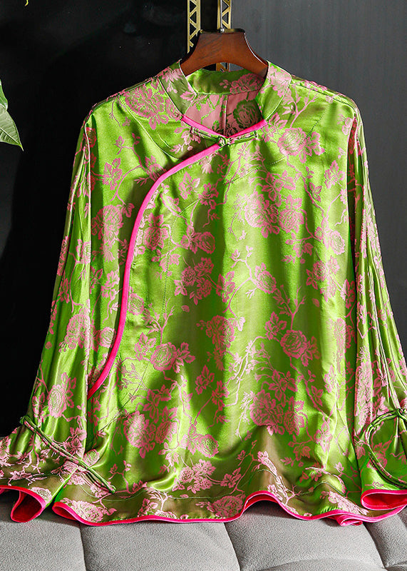 Vintage Green Stand Collar Chinese Button Patchwork Jacquard Silk Shirt Long Sleeve