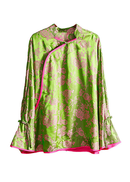 Vintage Green Stand Collar Chinese Button Patchwork Jacquard Silk Shirt Long Sleeve