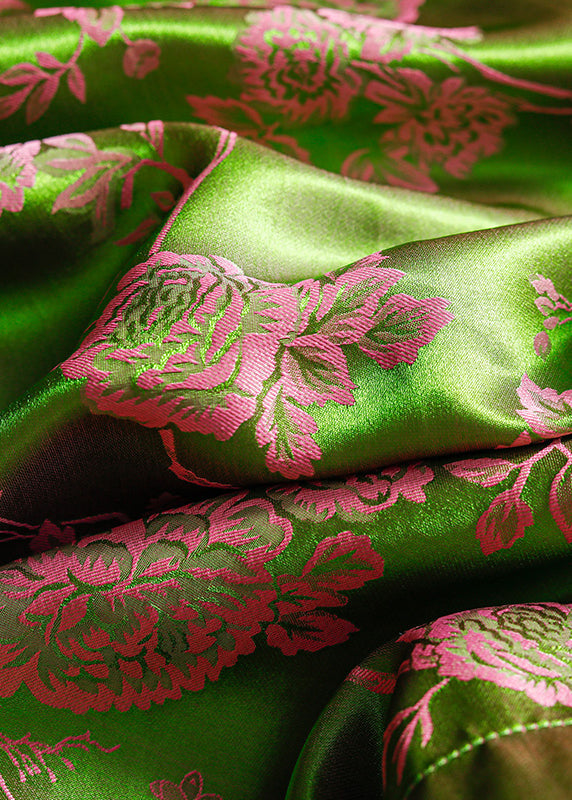 Vintage Green Stand Collar Chinese Button Patchwork Jacquard Silk Shirt Long Sleeve