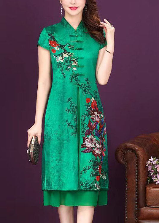 Green Stand Collar Chinese Button Patchwork Silk Dress Summer