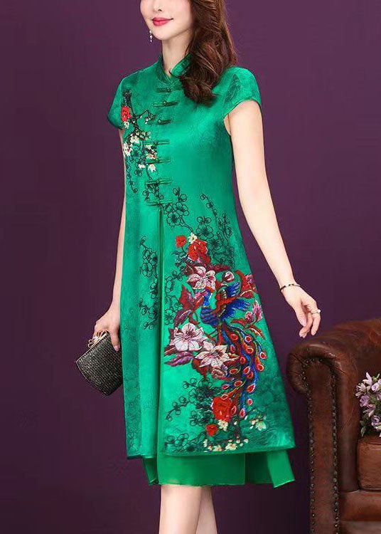 Green Stand Collar Chinese Button Patchwork Silk Dress Summer