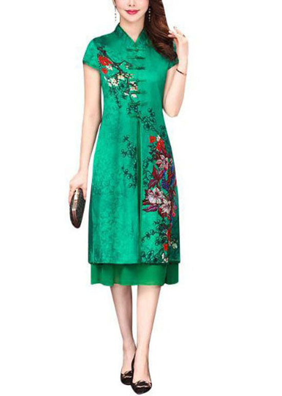 Green Stand Collar Chinese Button Patchwork Silk Dress Summer