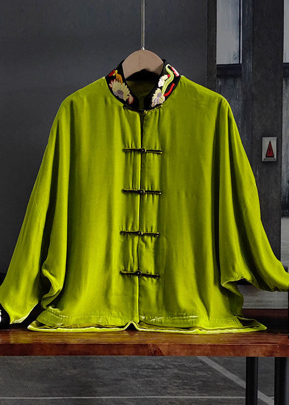 Green Stand Collar Embroideried Button Silk Velour Outwear Spring