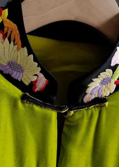 Green Stand Collar Embroideried Button Silk Velour Outwear Spring