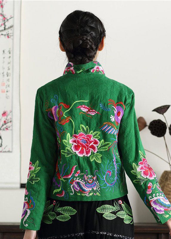 Green Stand Collar Embroideried Cotton Jacket Fall