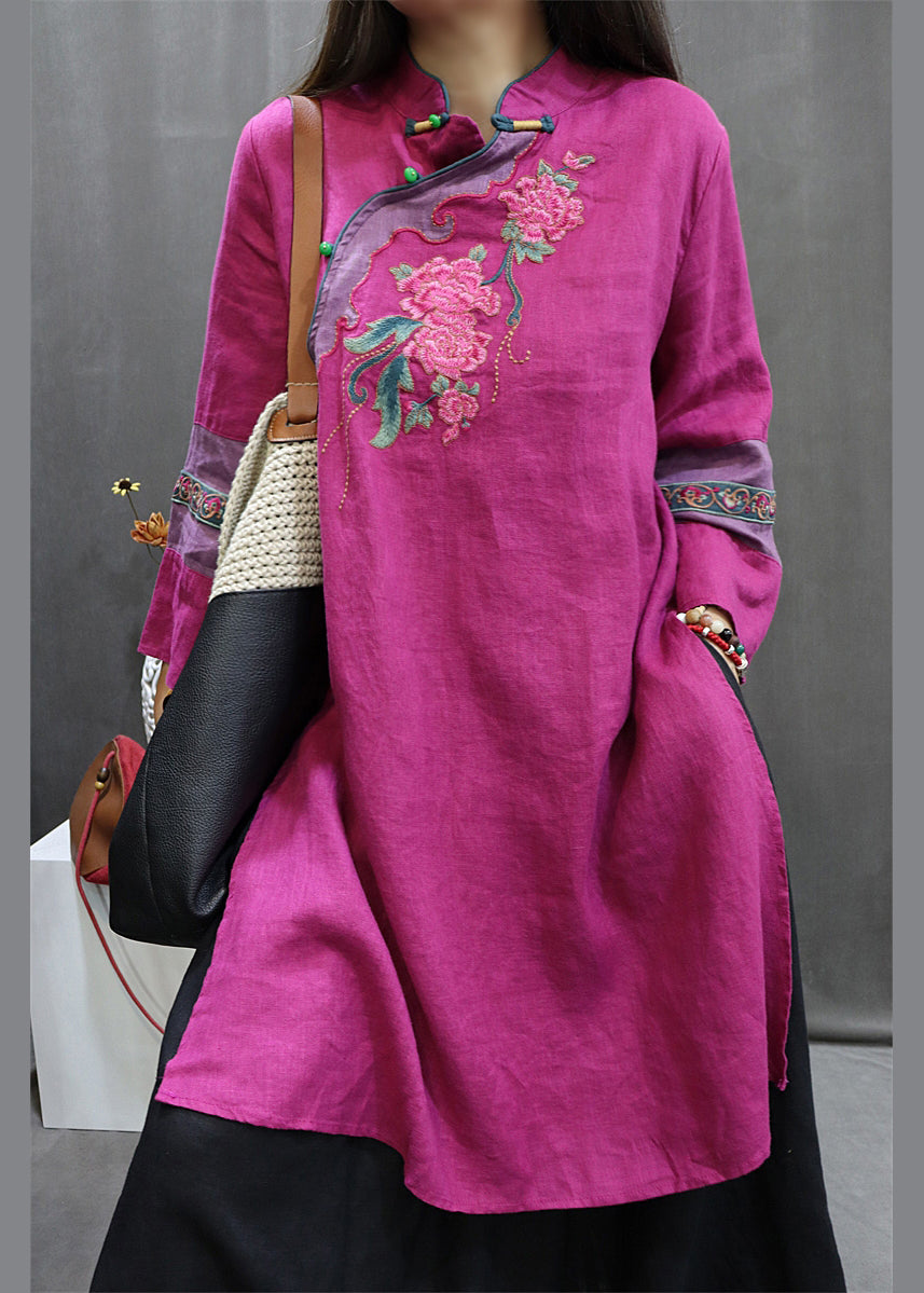 Green Stand Collar Embroideried Linen Holiday Dress Spring