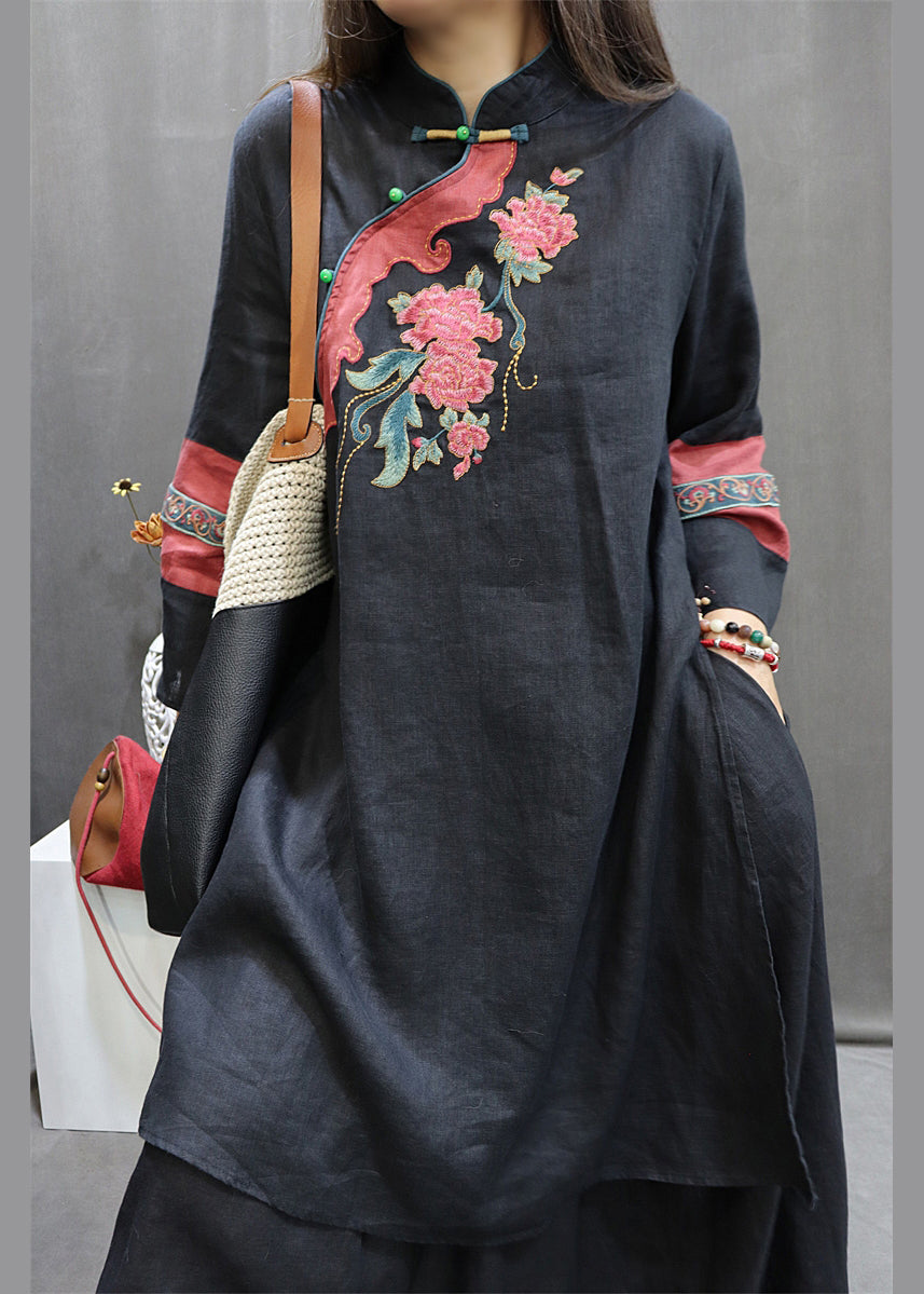 Green Stand Collar Embroideried Linen Holiday Dress Spring