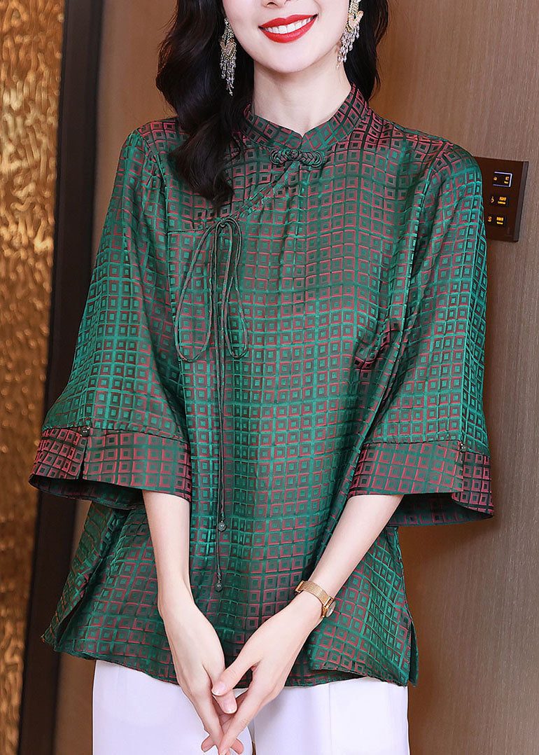 Green Stand Collar Oriental Button Plaid Jacquard Silk Shirt Tops Bracelet Sleeve