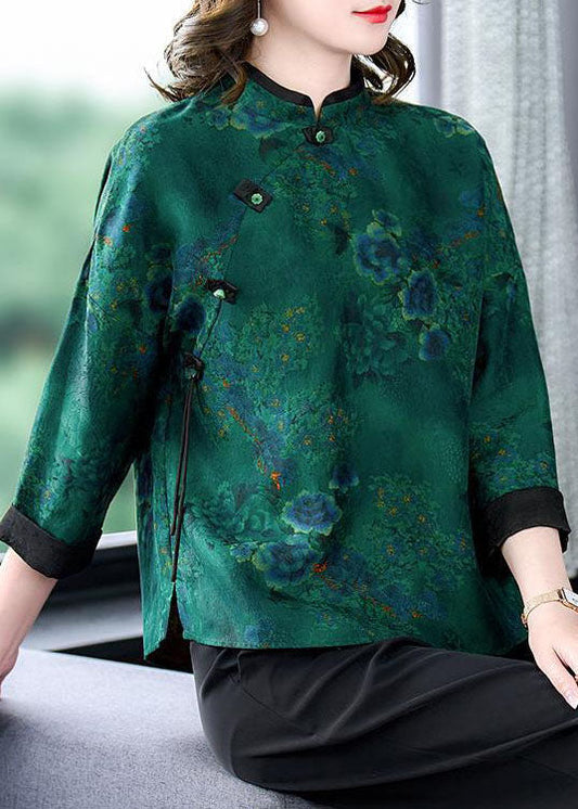 Green Stand Collar Print Button Patchwork Silk Top Spring