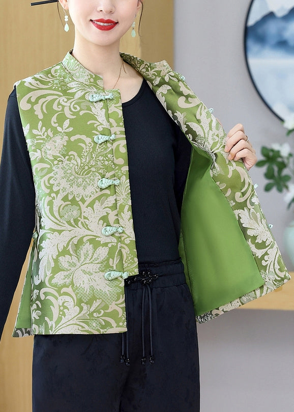 Green Stand Collar Print Button Silk Waistcoat Sleeveless