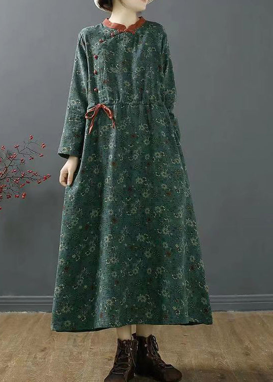 Green Stand Collar Print Patchwork Cotton Dress Fall