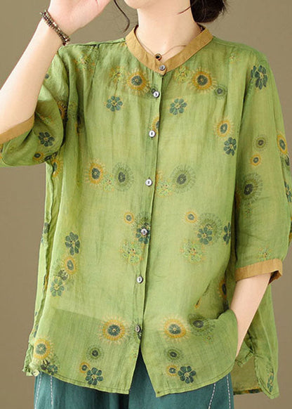 Green Stand Collar Print Patchwork Linen Top Summer