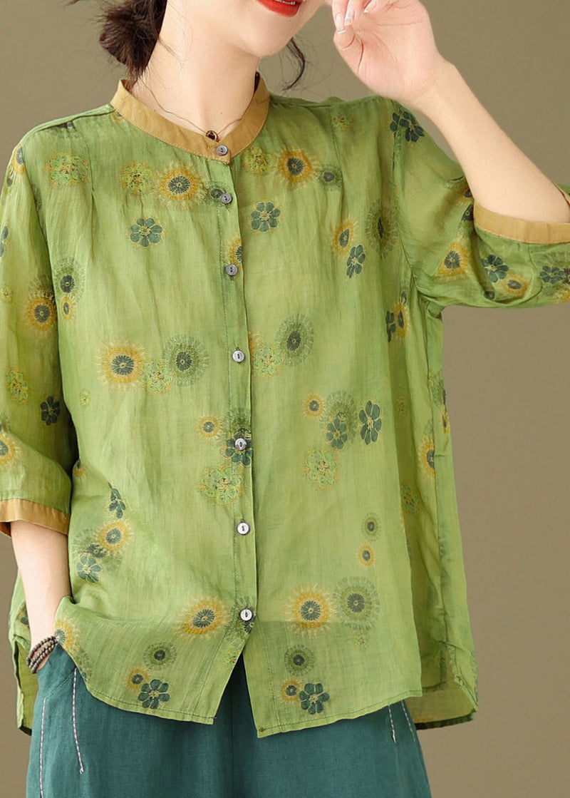 Green Stand Collar Print Patchwork Linen Top Summer