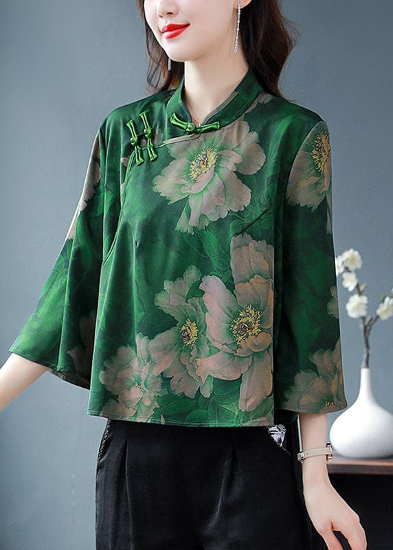 Green Stand Collar Print Patchwork Silk Shirt Spring