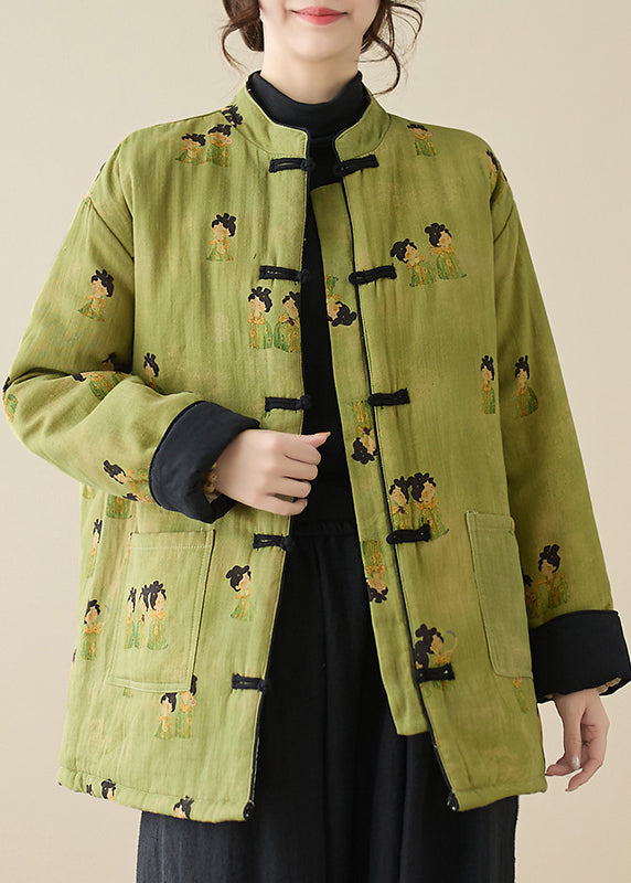 Green Stand Collar Print Pockets Parkas Winter