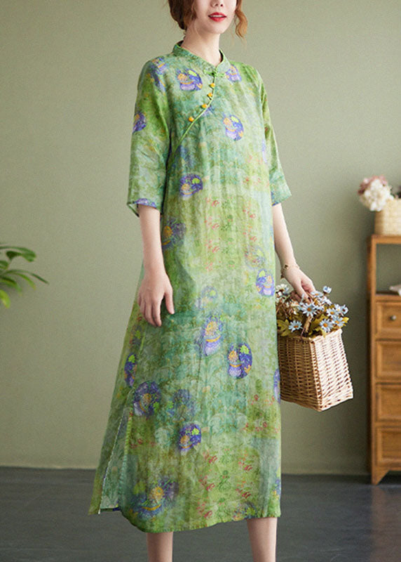 Green Stand Collar Print Side Open Cotton Linen Cheongsam Dress Half Sleeve