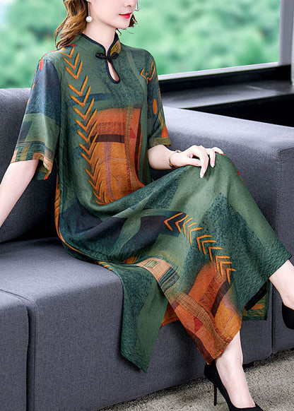 Green Stand Collar Print Side Open Patchwork Silk Dresses Summer