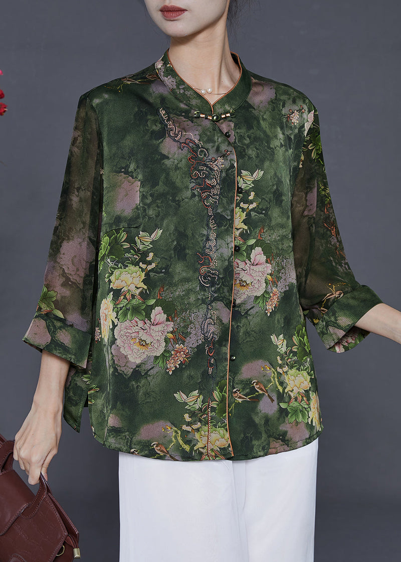 Green Stand Collar Print Silk Shirt Tops Summer