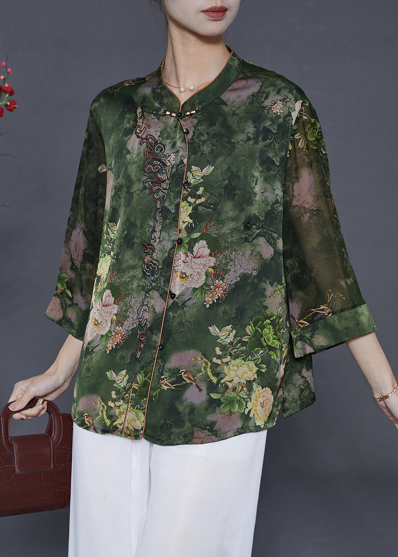 Green Stand Collar Print Silk Shirt Tops Summer