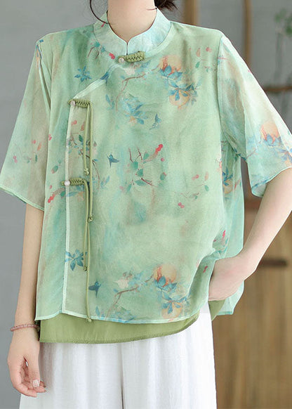 Green Stand Collar Tasseled Patchwork Cotton Shirt Tops Summer