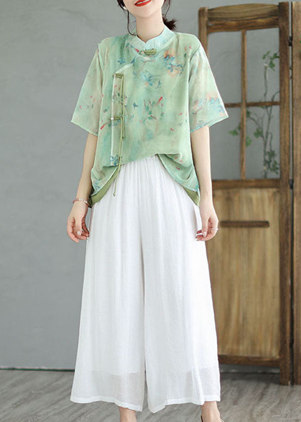Green Stand Collar Tasseled Patchwork Cotton Shirt Tops Summer