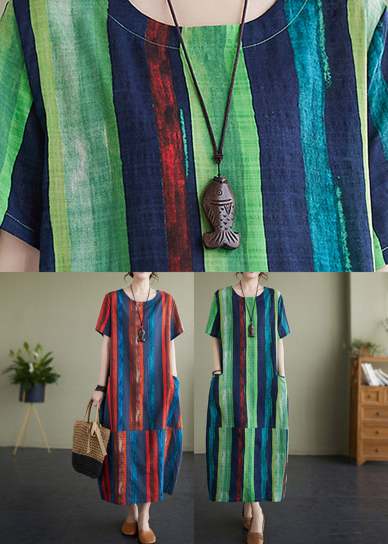 Green Striped O-neck Holiday Long Dress Short Sleeve