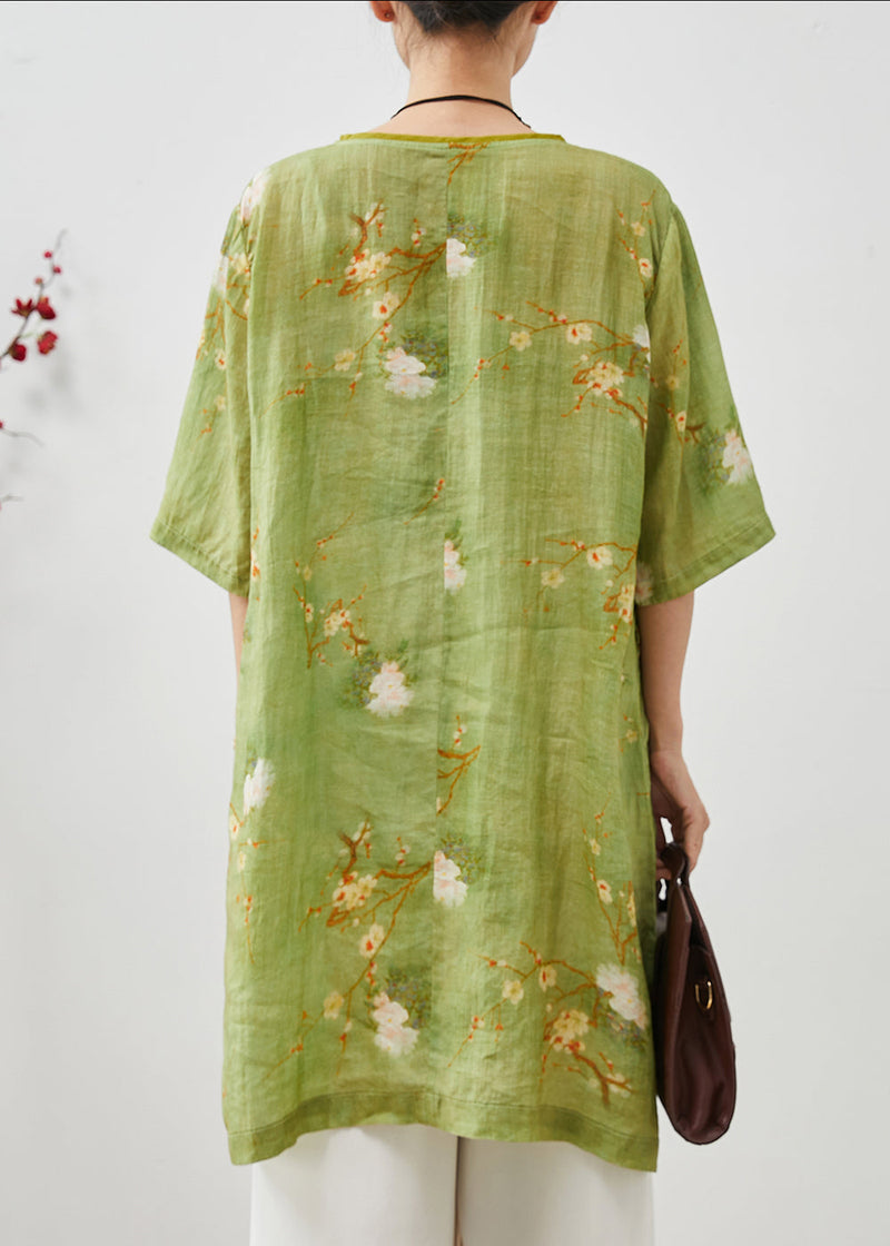 Green Tasseled Print Linen Oriental Dress Summer