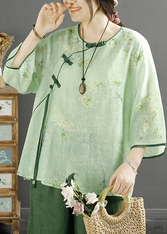 Green Tasseled Print Linen Shirt Spring