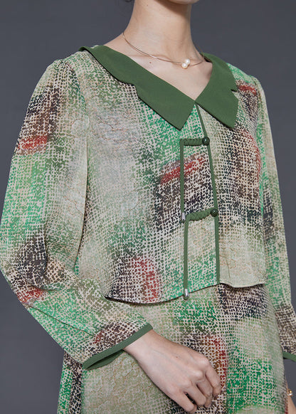 Green Tie Dye Chinese Button Chiffon Fake Two Piece Dress Spring