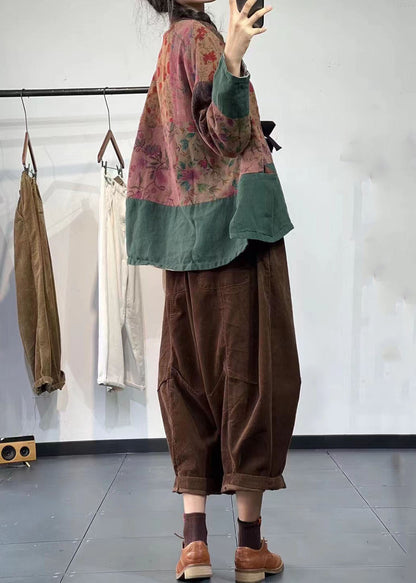 Green Tie Waist Patchwork Print Linen Cardigan Fall