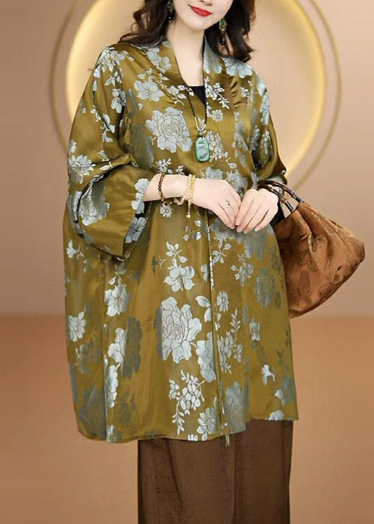 Vintage Green V Neck Button Print Silk Shirts Top Fall