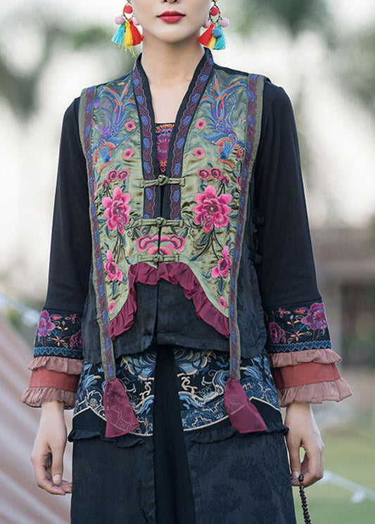 Green V Neck Embroideried Button Satins Waistcoat Spring