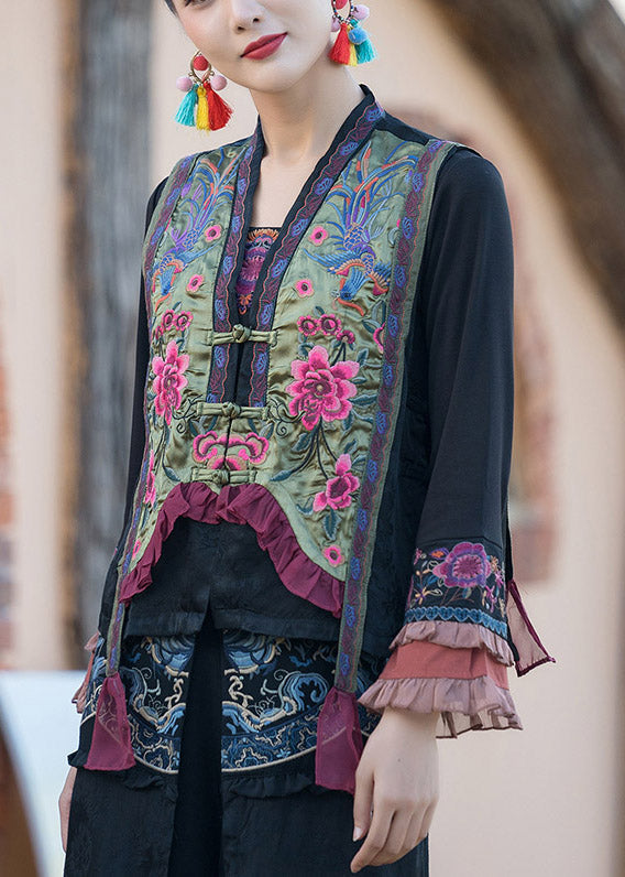 Green V Neck Embroideried Button Satins Waistcoat Spring