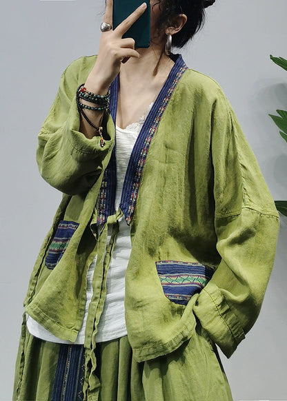 Vintage Green V Neck Linen Shirt Top Loose Skirt Sets Two Pieces Long Sleeve