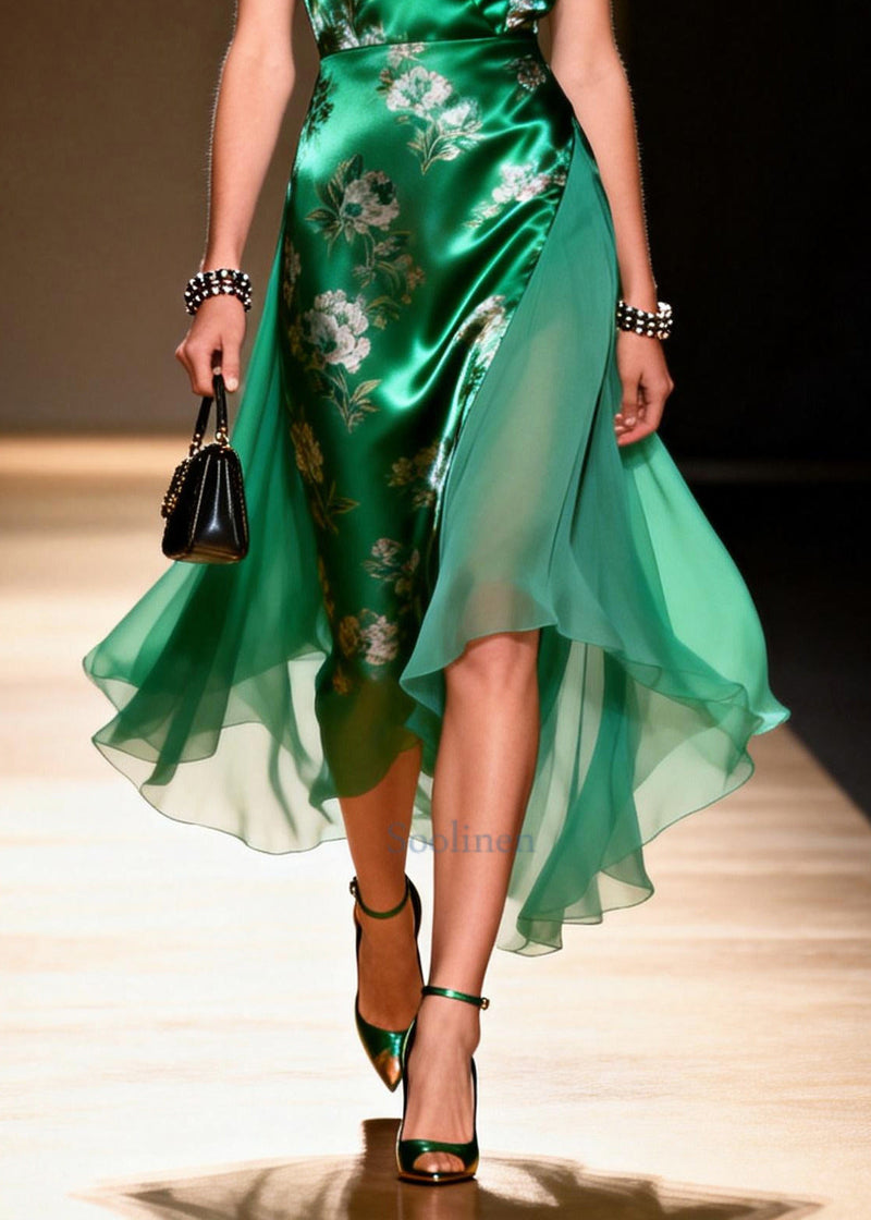 Green V Neck Patchwork Chiffon Robe Dresses Summer
