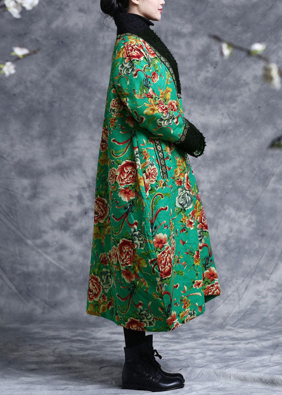 Green V Neck Patchwork Teddy Faux Fur Fine Cotton Filled Dress Caftan Winter
