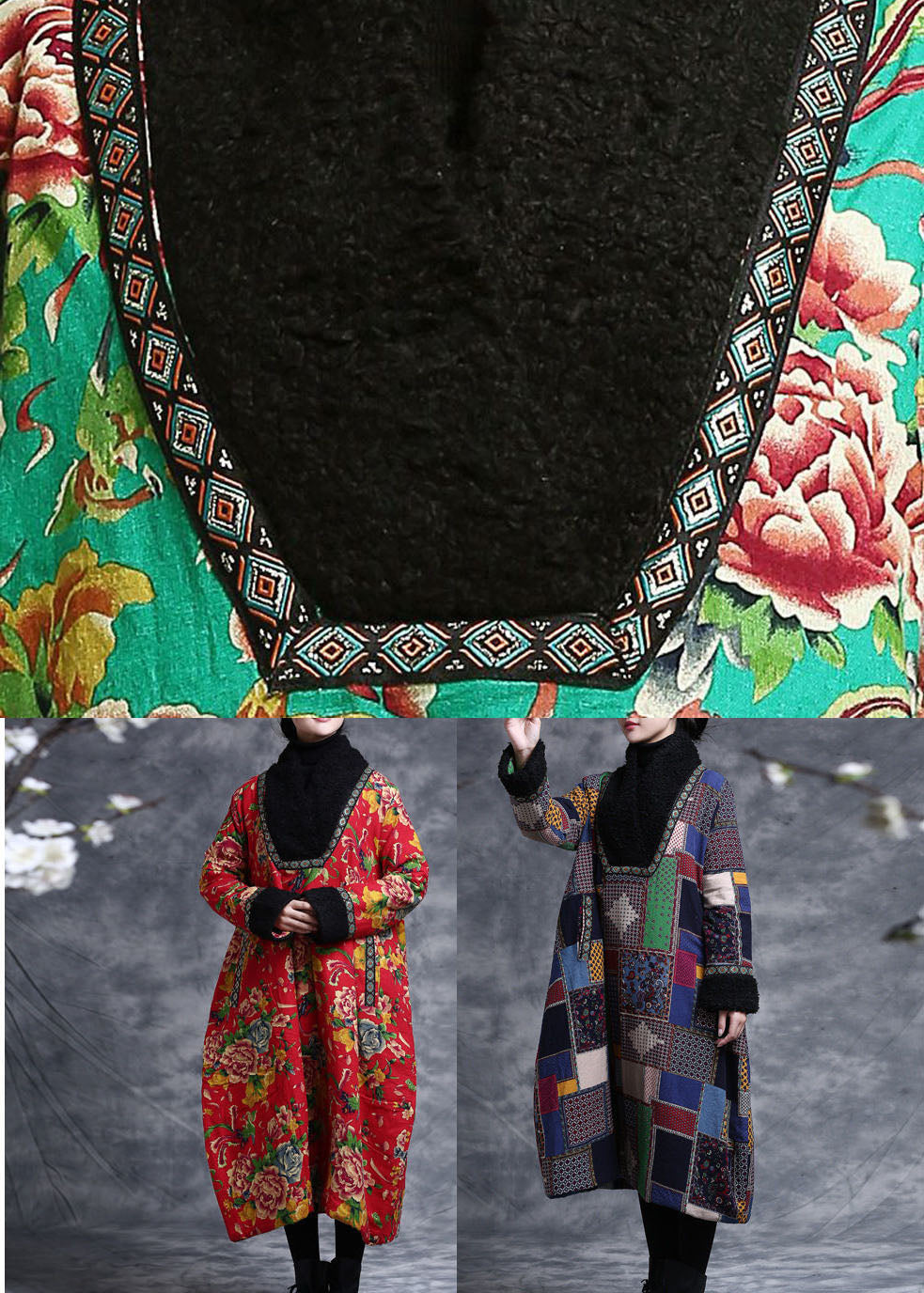 Green V Neck Patchwork Teddy Faux Fur Fine Cotton Filled Dress Caftan Winter