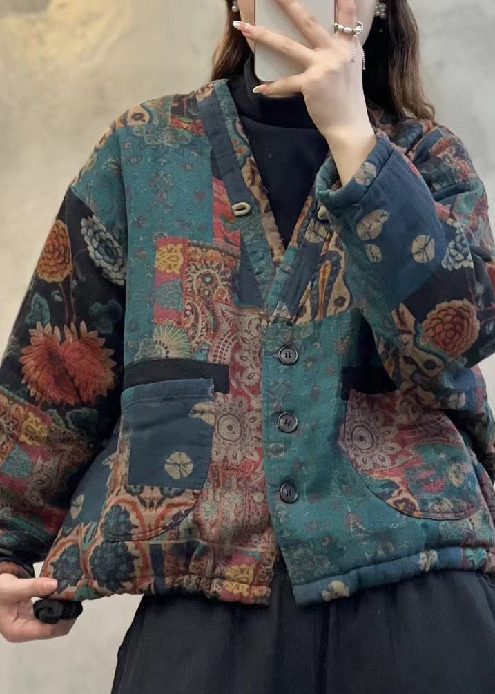 Green V Neck Pockets Print Fine Cotton Filled Jackets Spring